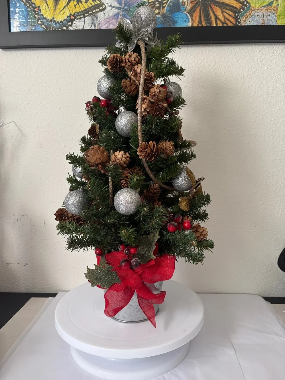Festive Mini Holiday Tree with Red Bow and Silver Ornaments